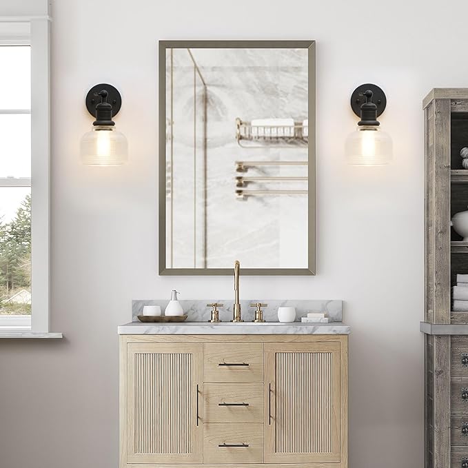 Yosoan Boho Indoor Vintage Wall Sconce with Striped Bowl Shade, 1-Light Modern Vanity Industrial Single Wall Mounted Hardwired Texture Glass Shade for Living Room Bedroom Fireplace Hallway(Black)