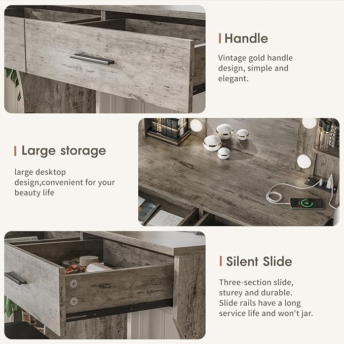 Vabches Vanity Desk with Mirror and Lights,Makeup Vanity Table with Charging Station,2 Drawer Bedroom Dressing Table with 3 Colors Modes Dimming & Cushioned Stool,Light Rustic Oak