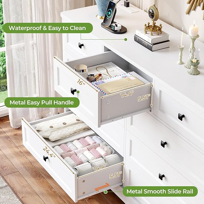 Hasuit White Dresser for Bedroom with 9 Drawers, 51.2" Large Drawer Dressers with Charging Station, Wide Farmhouse Dressers Chest of Drawers, Wooden Storage Tower Organizer, Dresser for Bedroom Closet