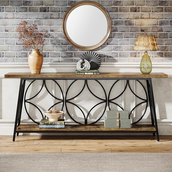70.9-Inch Sofa Table, 2-Tier Narrow Console Table with Storage for Living Room, Entryway, Hallway, Foryer, Geometric Pattern Design (Rustic Brown)
