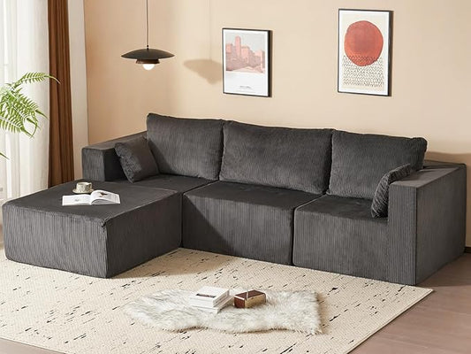 105" Cloud Sectional Sofa, L-Shape Sectional Couch, Modern Corduroy Sofa with Chaise Lounge, No-Assembly Required, Deep Seat Modular Cloud Couch for Living Room, Apartment, Gray