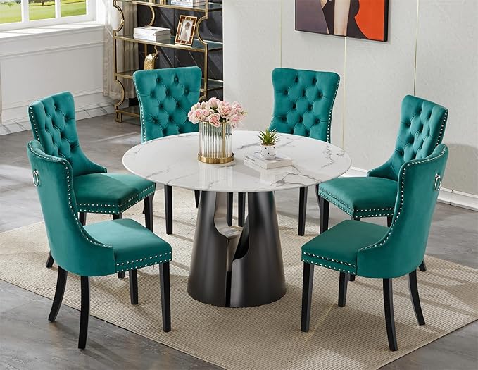 7-Piece Faux Marble Round Dining Table Set for 6, Modern Luxury Kitchen Table Set for 6 with Green Tufted Chairs,Circle Dining Tables with White Marble Grain Top and Black Pedestal Base