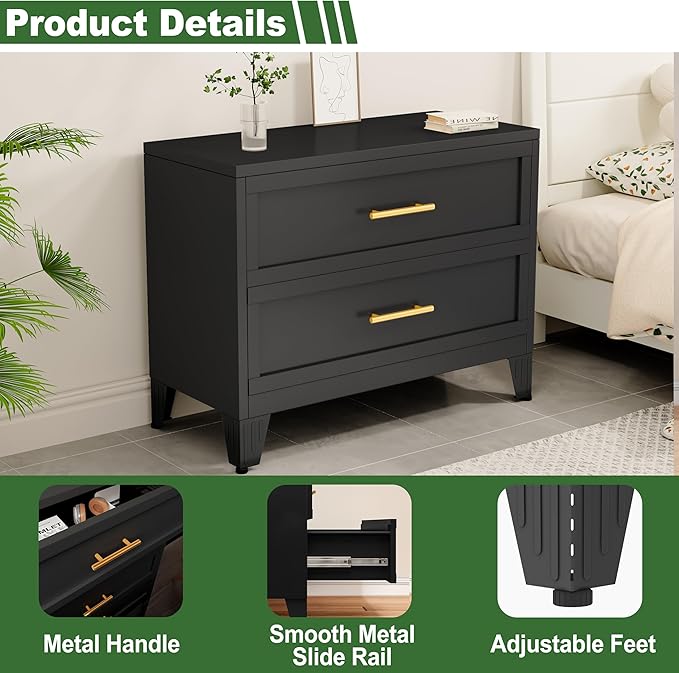 Metal Dresser for Bedroom 2 Drawers Dresser Metal Storage Dressers Organizer,24.8" H Black Drawer Chest, Closet Organizers for Living Room, Hallway, Closet
