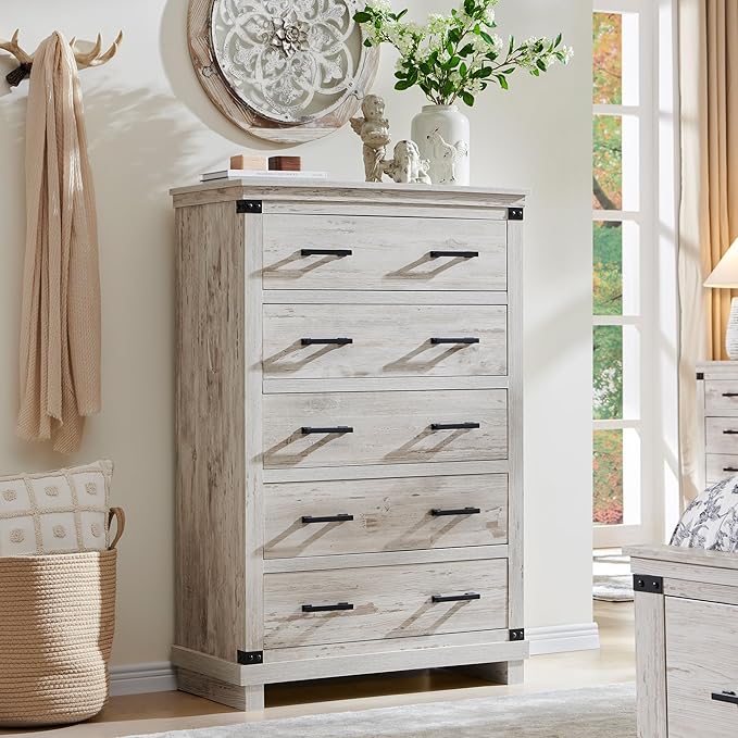 Farmhouse 5 Drawers Dresser for Bedroom, Wood Tall Chest of Drawers with Thick Plank Styling, Rustic Closet Dresser for Bedroom, Living Room, Antique Brush White