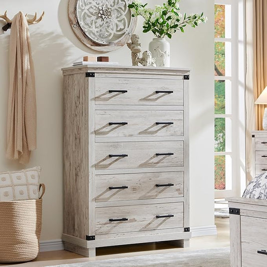 Farmhouse 5 Drawers Dresser for Bedroom, Wood Tall Chest of Drawers with Thick Plank Styling, Rustic Closet Dresser for Bedroom, Living Room, Antique Brush White