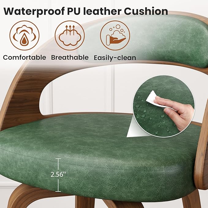 Swivel Bar Stools Set of 6, 26" Counter Height Bentwood Barstool, Mid-Century Modern PU Leather Upholstered Bar Chair with Back and Footrest, for Kitchen Island, Bar, Cafe, Dining Room, Green