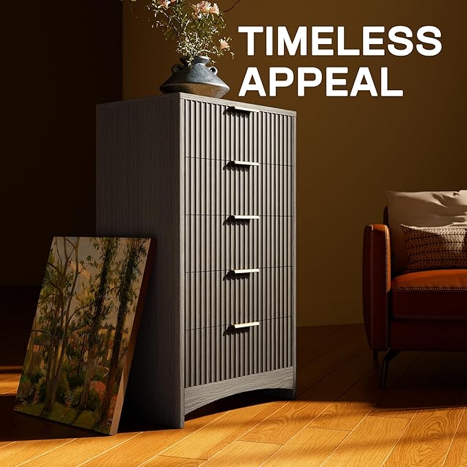 Marsail 5 Drawer Tall Wooden Dresser with Smooth-Glide Drawers, Modern Storage Solution for Bedrooms and Hallway, Featuring Large Capacity and an Elegant Natural Wood Finish, Light Grey