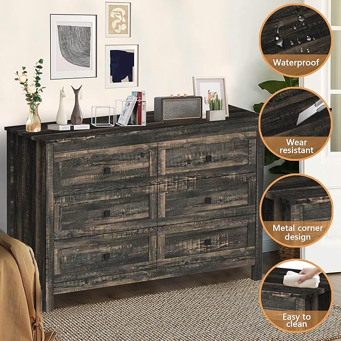 Farmhouse 6 Drawer Dresser & 2 Nightstand Set for Bedroom, Wood Dresser with Metal Handle for Bed Room, Hallway, Light Black Rustic Oak
