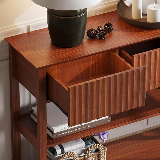 Treocho 47" Console Tables for Entryway, Fluted Entryway Table with Drawers and Shelves, Narrow Sofa Table Behind Couch Table for Entrance, Hallway, Living Room, Cherry Brown