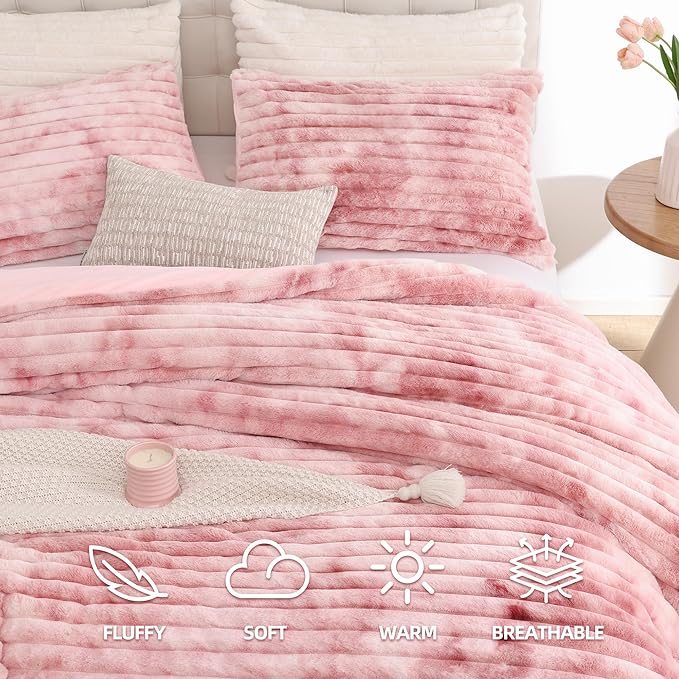 Smoofy Fluffy King Size Comforter Set 3 Pieces - Tie-dye Pink Fleece Fluffy Comforter Set, Luxury Fuzzy King Bedding Set, Soft King Bed Set All Season, Heavy Faux Fur Comforter with 2 Pillow Cases