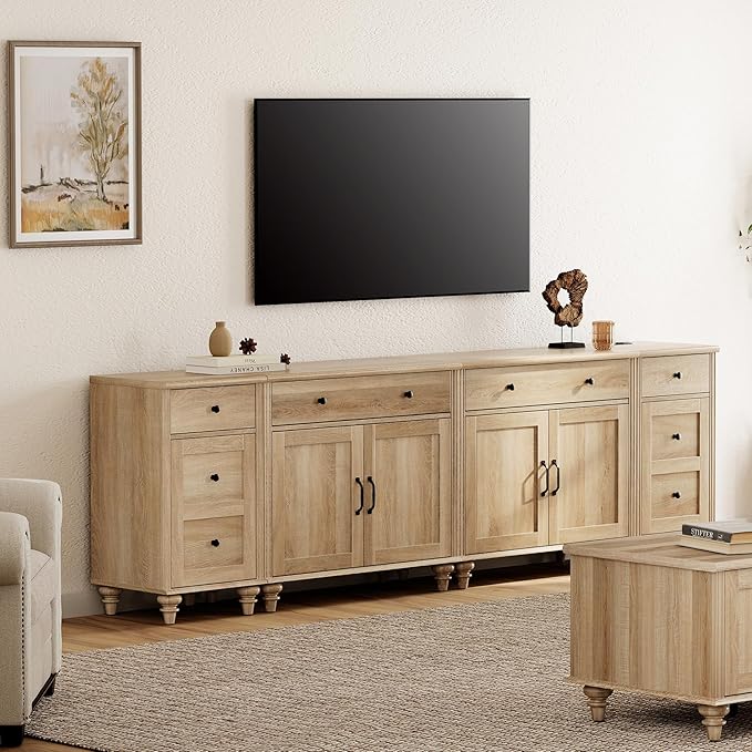 WAMPAT Farmhouse TV Stand for 100 Inch TV, 4-in-1 TV Console Table for 75/80/85/90 Inch TV, Entertainment Center with Charging Station, Kitchen Sideboard Buffet Cabinet for Dining Room, Oak