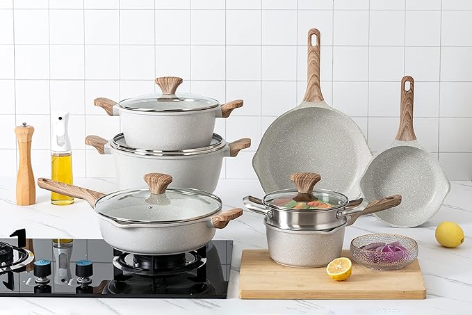 Country Kitchen Non-Stick Cast Aluminum Cookware Set - Durable Kitchen Cookware for Everyday Cooking, Cream, 15 Pc.