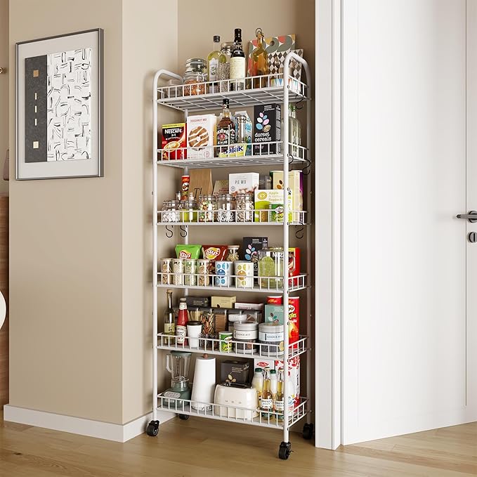 6 Tier Slim Rolling Storage Cart with Wheels, Metal Mobile Shelving Unit Organizer Utility Cart for Office Bathroom Kitchen Laundry Room Narrow Places (White 10 Inches)
