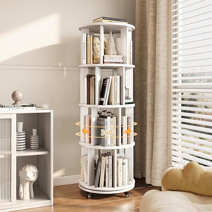 4-Tier Rotating Bookshelf, 360° Spinning Stackable Bookcase, Freestanding Bookshelf for Home Office Study Room Bedroom Living Room