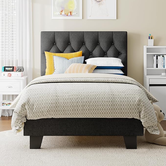 Twin Upholstered Bed Frame with Headboard, Button Tufted Linen Bed Base, Platform Bed with Wood Slat, Heavy Duty, Easy Assembly, No Box Spring Needed, Dark Gray