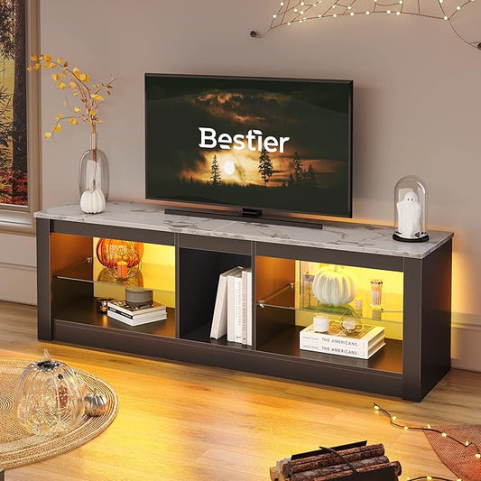 Bestier White Marble TV Stand LED Entertainment Center Gaming TV Stand for 55 Inch TV RGB Television Stand with 2 Adjustable Glass Shelves Xbox PS4 Game Console Cabinet for Living Room