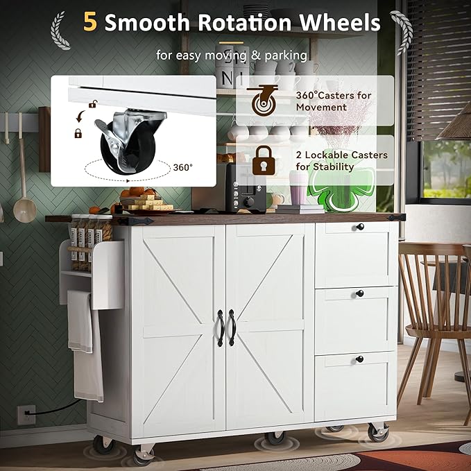 54.5" Farmhouse Kitchen Island with Power Outlet, Kitchen Storage Island with Internal Storage Rack, Drop Leaf, Spice Rack, Rolling Kitchen Cart on Wheels, for Home, Kitchen and Dining Room (White)