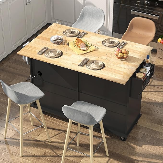 55" Movable Kitchen Island with Drop Leaf and Power Outlet, Rolling Cart with Storage Cabinet, Island Table on Wheels for Kitchen with 2 Drawers, Spice Rack, Towel Bar, Garage Hook, Black