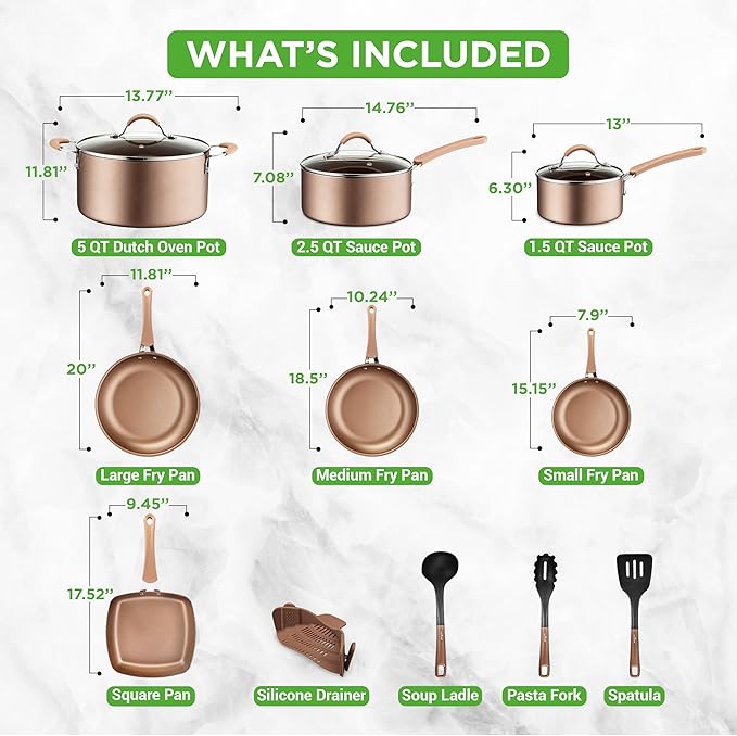 NutriChef 14-Piece Non Stick Kitchen Cookware Set w/Saucepan, Frying Pans, Cooking Pots, Dutch Oven Pot, Lids, Utensil, Gold