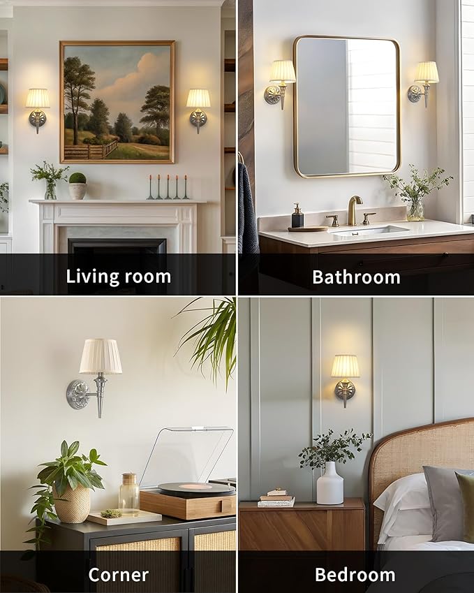 KDG Cordless Wall Sconces Set of 2, Small Wireless 5200mAh Rechargeable Battery Fabric LED Wall Lamps, Portables Lightings for Wall Painting, Living Room, Bedroom, Hallway, Gifts, Night Light (Nickel)