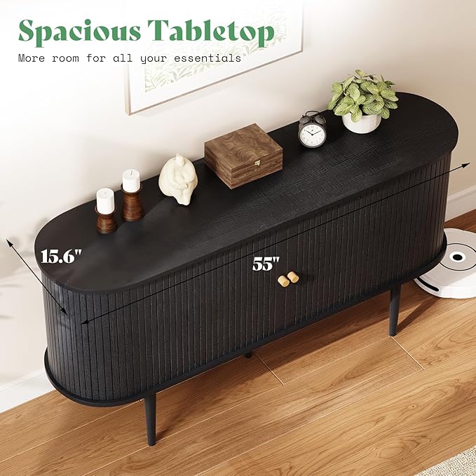 AMERLIFE 55" TV Stand with Solid Wood Legs, Mid Century Modern TV Console with Tambour Door for 80-inch TV, Dust-Proof Storage Cabinet for Living Room, Embossed Black