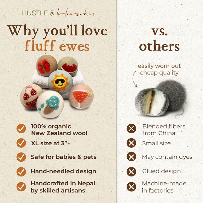 Fluff Ewes Wool Dryer Balls 6 Pack Premium New Zealand Wool Laundry Balls for Dryer, No Static Dryer Balls Laundry Reusable, XL Wool Dryer Balls Cute, Baby Dryer Balls for Dryers - Fun in The Sun