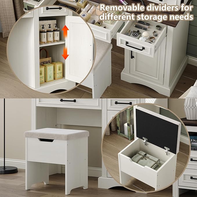 Farmhouse Makeup Vanity Desk with Sliding Mirror, Large Vanity Set with 3 Brightness Lights, Ample Storage, Antique White