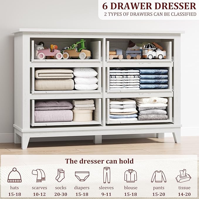 GarveeHome 6 Dresser for Bedroom, 47" Wide Drawer Dresser with Storage Freestanding, Wooden Closet Storage Chest for Living Room, Bedroom, Entryway, White