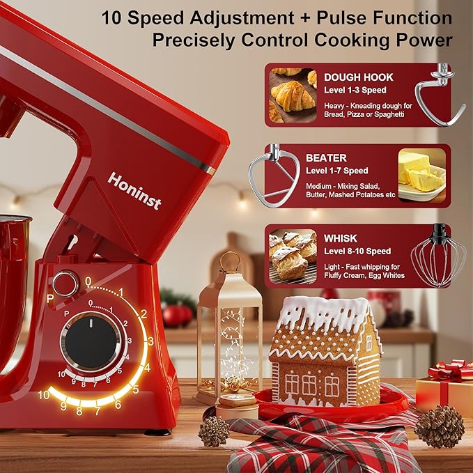 10-Speed Stand Mixer with 8-in-1 Splash Guard, Tilt-Head, 6QT Stainless Steel Bowl + Dishwasher-Safe Dough Hook/Whisk/Beater/Spatula for Baking Bread, Cakes, Cookies, Red