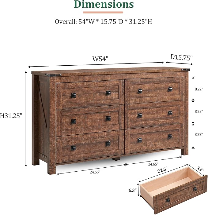 RedLemon Farmhouse 6 Drawer Dresser for Bedroom, 54 Inch Wide Rustic Wood Dresser TV Stand, Chest of Drawers for Closet, Living Room, Hallway, Reclaimed Barnwood