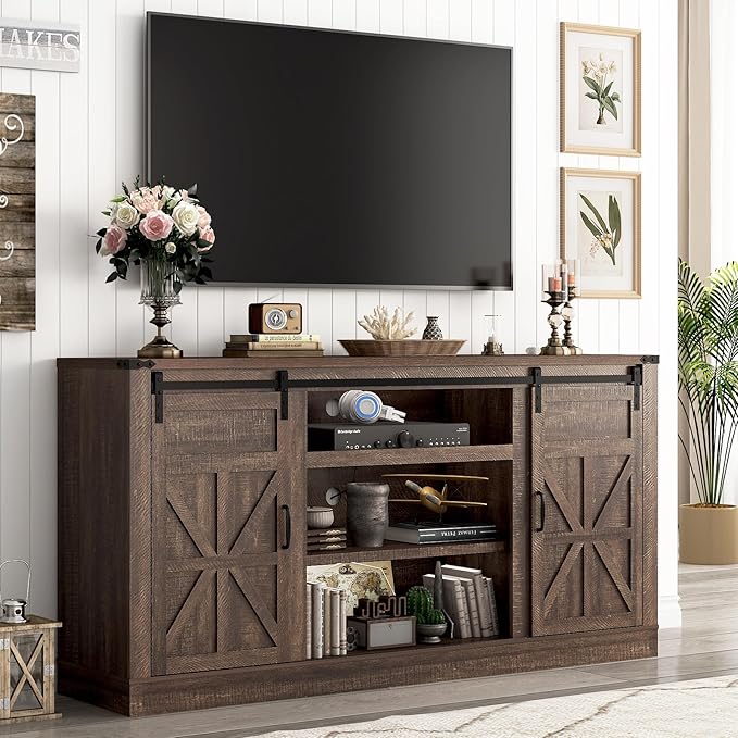 66" Farmhouse TV Stand for 75 Inch TV, 33" Tall Entertainment Center with Power Outlets & Sliding Barn Door, Wood TV Stands with Storage, TV Media Console for Living Room, Brown
