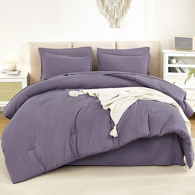 Litanika King Size Comforter Set Grey Purple - 7 Pieces Bed in a Bag King Bedding Comforter Sets, Solid Lightweight Bed Set with Comforter, Sheets, Pillowcases & Shams