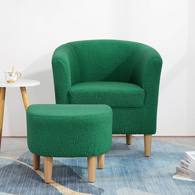 DAZONE Sherpa Accent Chair with Ottoman, Forest Green Cozy Barrel Armchair for Adults, Upholstered Living Room Chair with Footrest, Small Space Reading Chair for Bedroom, Apartment, Home Office