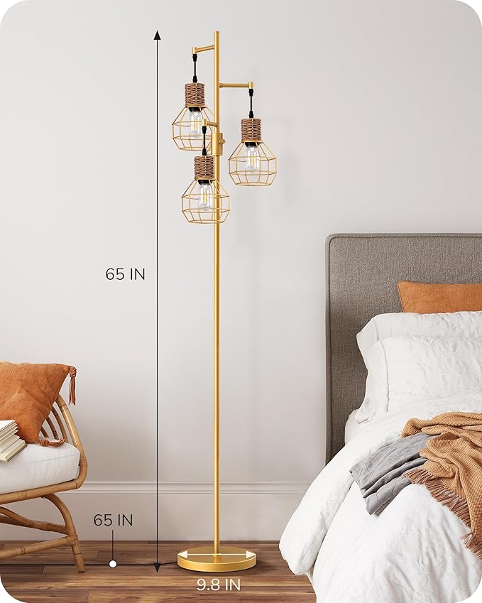 EDISHINE Dimmable Farmhouse Floor Lamp for Living Room, Industrial Standing Lamp with 3 LED Edison Bulbs, Corner Rustic Rattan Tall Tree Reading Lamps Home Decor for Bedroom, Office, Gold