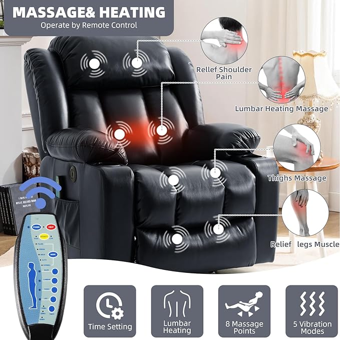 Power Lift Recliner Chair for Elderly, Electric Recliner Chairs for Adults with Massage and Heat, Cup Holders, Remote Control, USB Ports, Side Pockets, Leather (Ink Black) ﻿