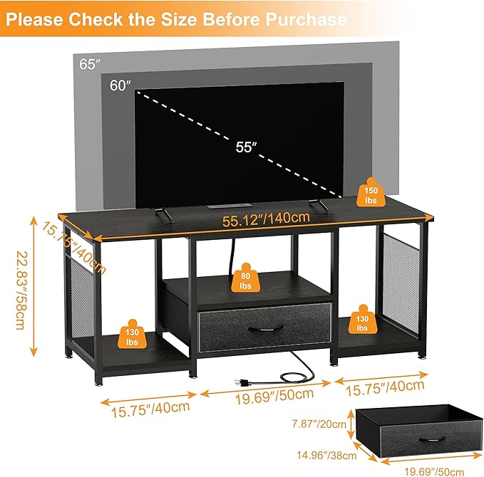 TV Stand with Drawers and Power Outlet for 65 60 55 Inch TV, Entertainment Center with Open Storage Shelves, Industrial Media TV Console Table for Living Room Bedroom Office, Black