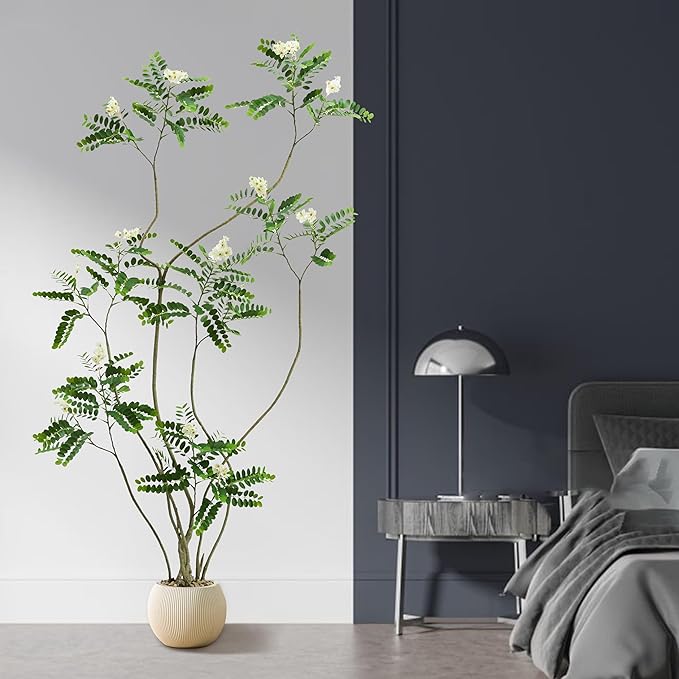 Artificial Locust Tree：6FT Faux Black Locust Floor Plant with White Flowers Small Round Silk Leaves & Elegant Branches in Beige Ribbed Planter for Indoor Home Office Decor Hotel Patio Studio