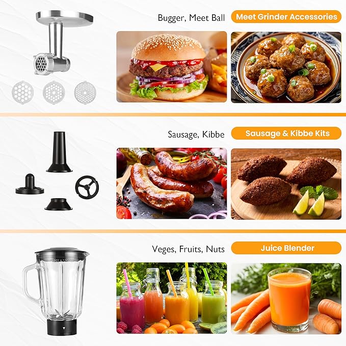 Sunvivi 3-in-1 Multifuctional Stand Mixer: 400W Kitchen Electric Mixer, Tilt-Head, 6.5QT Dough Mixer Machine with Stainless Steel Bowl, Meat Grinder, Juice Blender – Ideal for Baking, Cooking