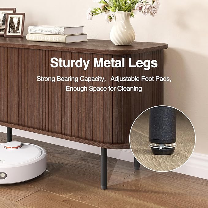 63" Mid Century Modern Fluted TV Stand for TVs up to 75 Inch, Gaming Entertainment Center with Tambour Slatted Sliding Doors, Media TV Consoles Table for Living Room, Walnut