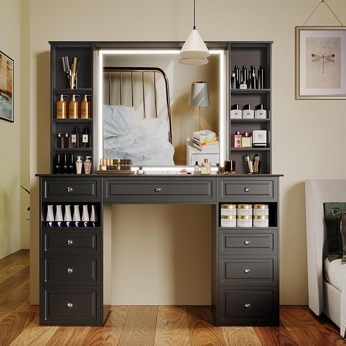 Black Vanity Desk with Lighted Mirror, Large Storage Makeup Vanity with 9 Drawers, Makeup Dressing Table with Crystal Ball Knobs for Bedroom