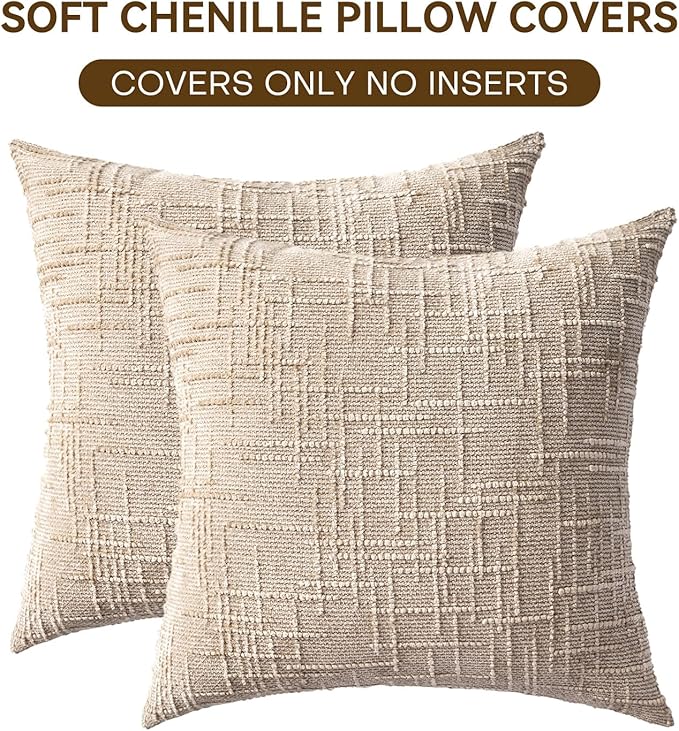 Decorative Throw Pillow Covers 18x18 Inch Set of 2, Soft Solid Farmhouse Chenille Couch Pillows, Spring Pillow Covers for Couch Sofa Bed Living Room Home Decor Pillowcase, Light Khaki