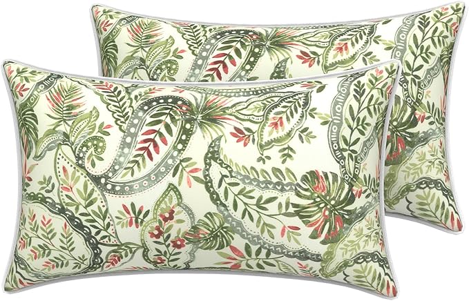 LVTXIII Outdoor Lumbar Pillow Covers 12"x20", Covers ONLY, 2 Pack 30x50cm Lumbar Cushion Cover with White Piping for Home Patio Garden Sofa Bench, Faylinn Shadow Paisley