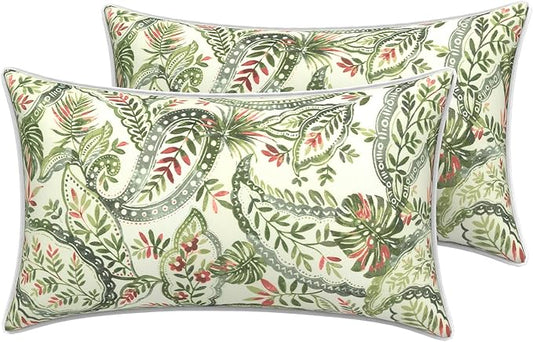 LVTXIII Outdoor Lumbar Pillow Covers 12"x20", Covers ONLY, 2 Pack 30x50cm Lumbar Cushion Cover with White Piping for Home Patio Garden Sofa Bench, Faylinn Shadow Paisley