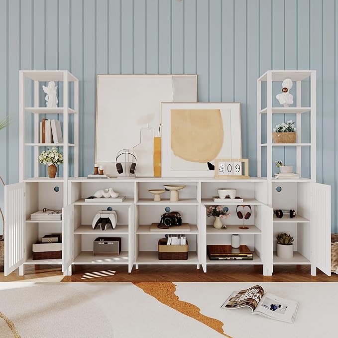 Entertainment Center with Bookshelves, Farmhouse TV Stand for 70 Inch TVs, TV Stands for Living Room w/Adjustable Shelves & Storage Cabinet, Modern Console Cabinet for Bedroom Home Theater