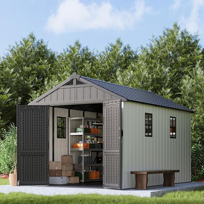 Patiowell 8x12 FT Outdoor Storage Shed, Plastic Shed Resin Garden Shed with Floor & Window & Lockable Door for Patio Furniture, Backyard Tools, Bicycles & Lawnmower, Beige