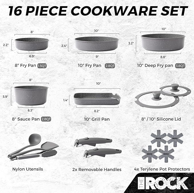 THE ROCK SMART SPACE Ceramic 16pc Nonstick Pots and Pans Set with ROCK.TEC, Cookware Set with Detachable Handles, Scratch/Stain/Crack Proof, Oven & Dishwasher Safe, PFAS & PFOA Free, Grey