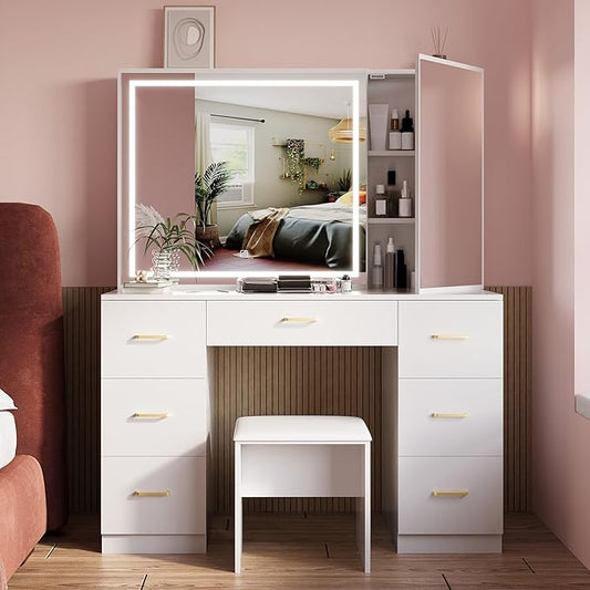 Makeup Vanity Desk with Large Mirror and LED Lights,White Vanity with Hidden Storage Mirror Cabinet&7 Drawers,Vanity with Chair,Makeup Organizer Countertop for Room (White)