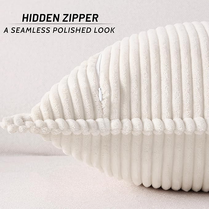 Mecatny Corduroy Throw Pillow Covers 22x22 Set of 2, Neutral Decorative Soft Boho Couch Pillow Covers with Broadside for Sofa Living Room, Cream White