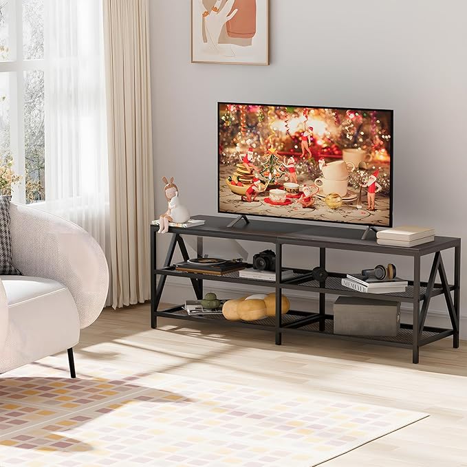 TV Stand for TVs up to 65 Inch, 55" Long Industrial TV Console Table with 3-Tier Storage Shelves, Entertainment Center for Living Room, Bedroom (Black)