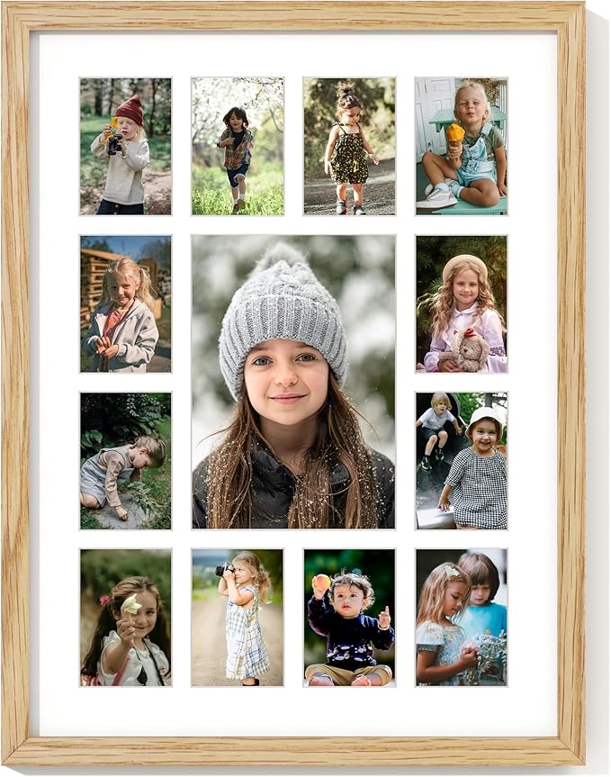 Axeman 12x16 School Years Picture Frame K-12 Day Graduation Photo Collage Solid Oak Picture Frame With Mat - Displays One 5x7 Photo and Twelve 2.5x3.5 Pictures, Hanging Hardware Included, Natural